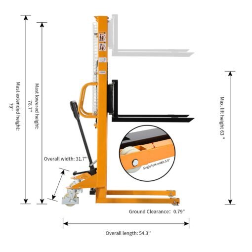 Manual Pallet Stacker Adjustable Forks 1100lbs Cap. 63" Lift Height A-3002 - Image 3